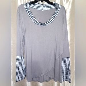 Korean Streetwear Striped Long Sleeve Wrap Shirt XL. Gray, navy/white.